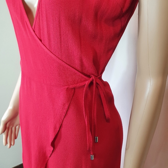 Mink Pink wrap midi dress Red S XS strappy tie waist frill hem cocktail v-neck - Picture 9 of 11